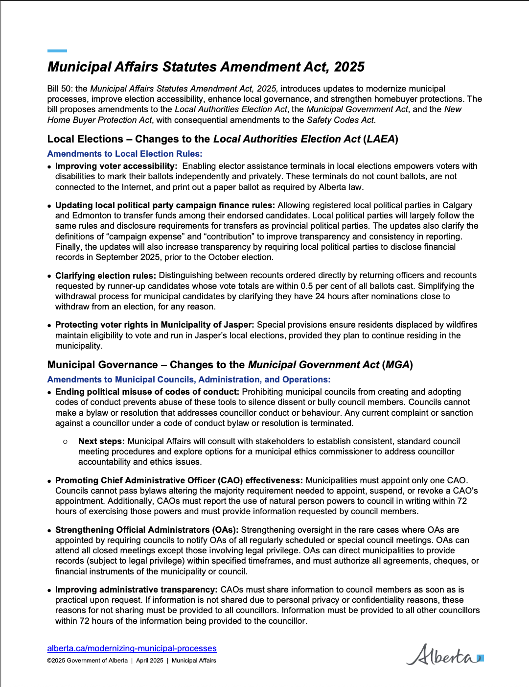 Bill-50, The Municipal Statutes Amendment Act 2025